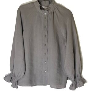 Part Two Copenhagen Linen Blouse Gray Ruffle Collar Raglan Sleeve Sz 36 S